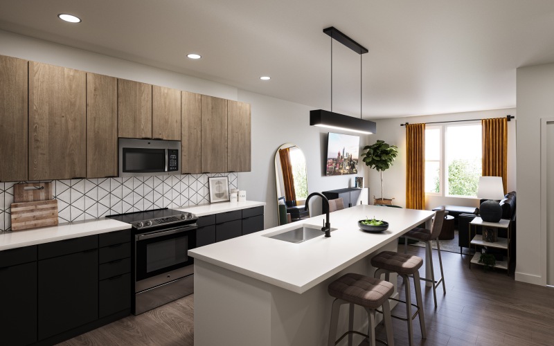 Modern view or kitchen with tile backsplash, island, and large window